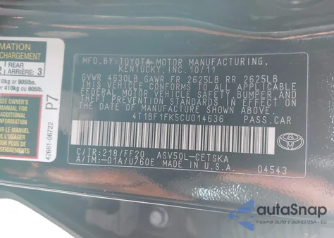 2012 Toyota Camry Se z USA, uszkodzony, nr VIN 4T1BF1FK5CU014636